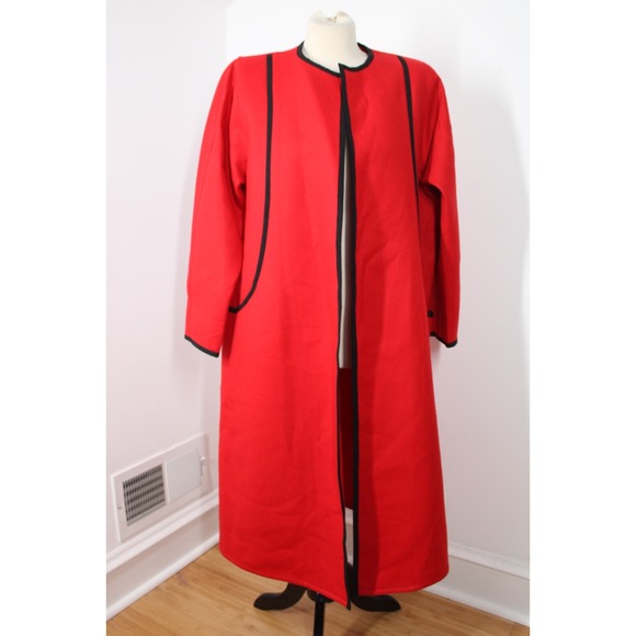 Vtg Givenchy Nouvelle Boutique 46" Chest Red Wool Coat Open Black Trim - Picture 1 of 9